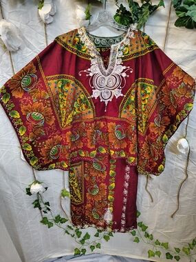 Embroidered Maroon Floral Kaftan Tunic